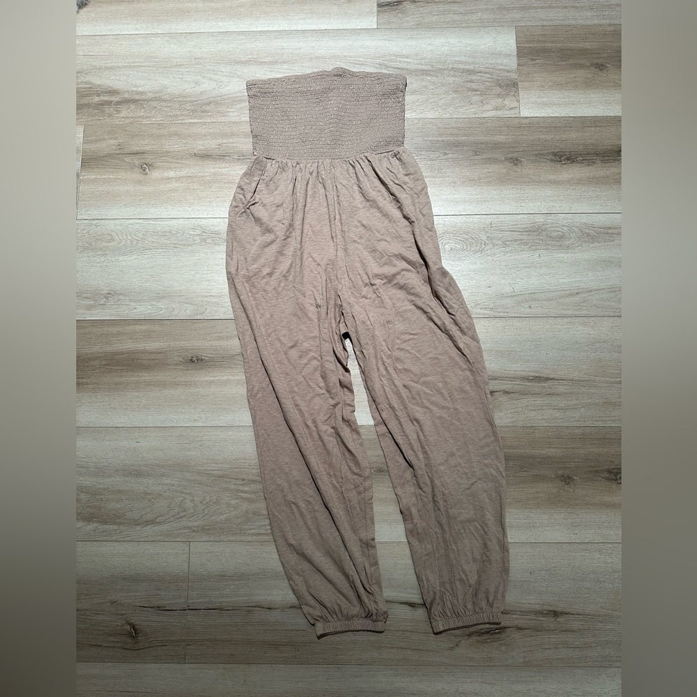 American Eagle Outfitters Strapless Smocked Jumpsuit - Taupe
